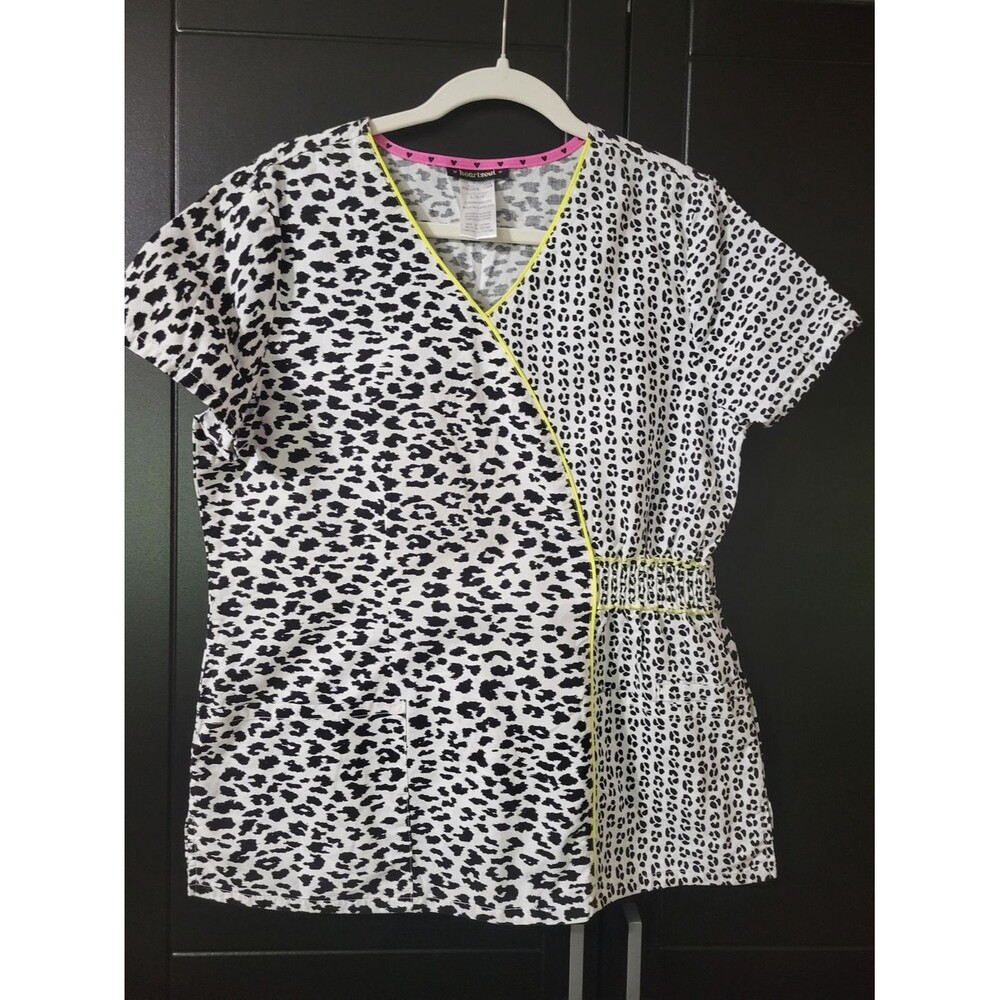 HeartSoul Black & White Leopard Print Scrub Top with Neon Yellow and Pink Trim